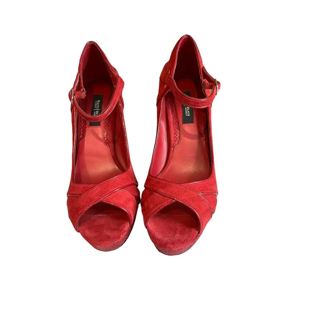 White House Black Market WHBM Red Suede Platform Open Toe Heels 7.5